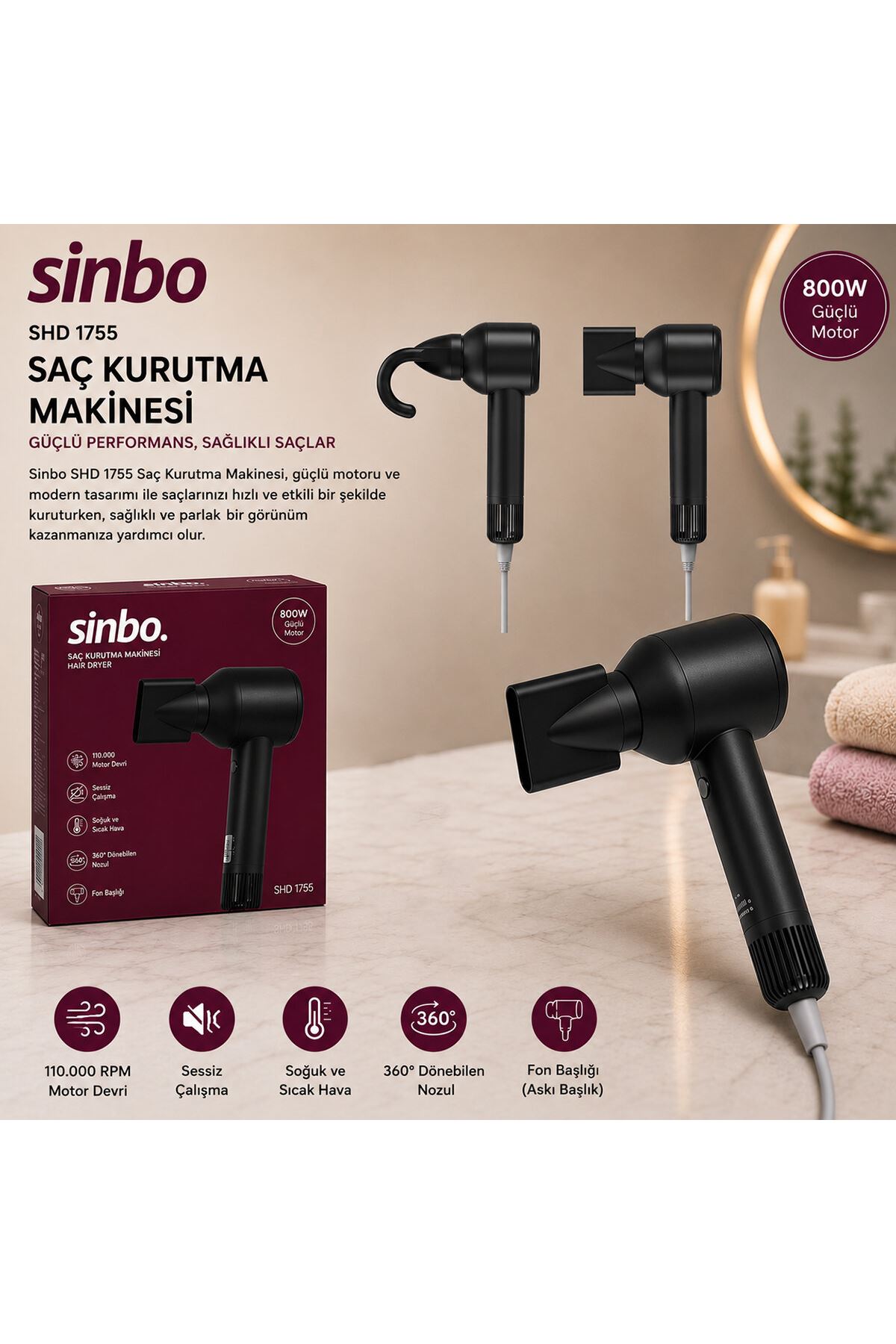 Sinbo Saç Kurutma Makinesi - Siyah Renk - Sessiz Çalışma Özelliği