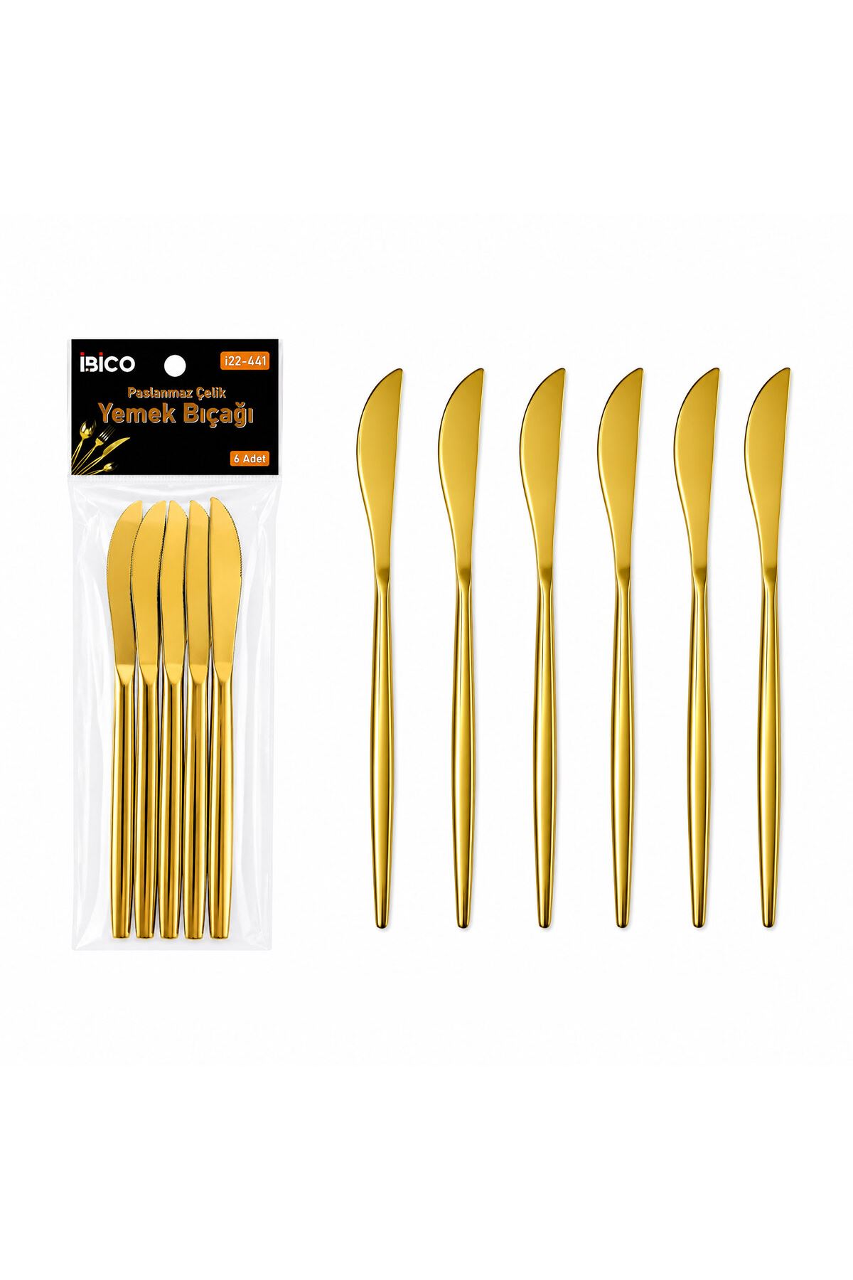 6 Parça Yemek Bıçağı Seti - Parlak Altın Renk - 21 cm