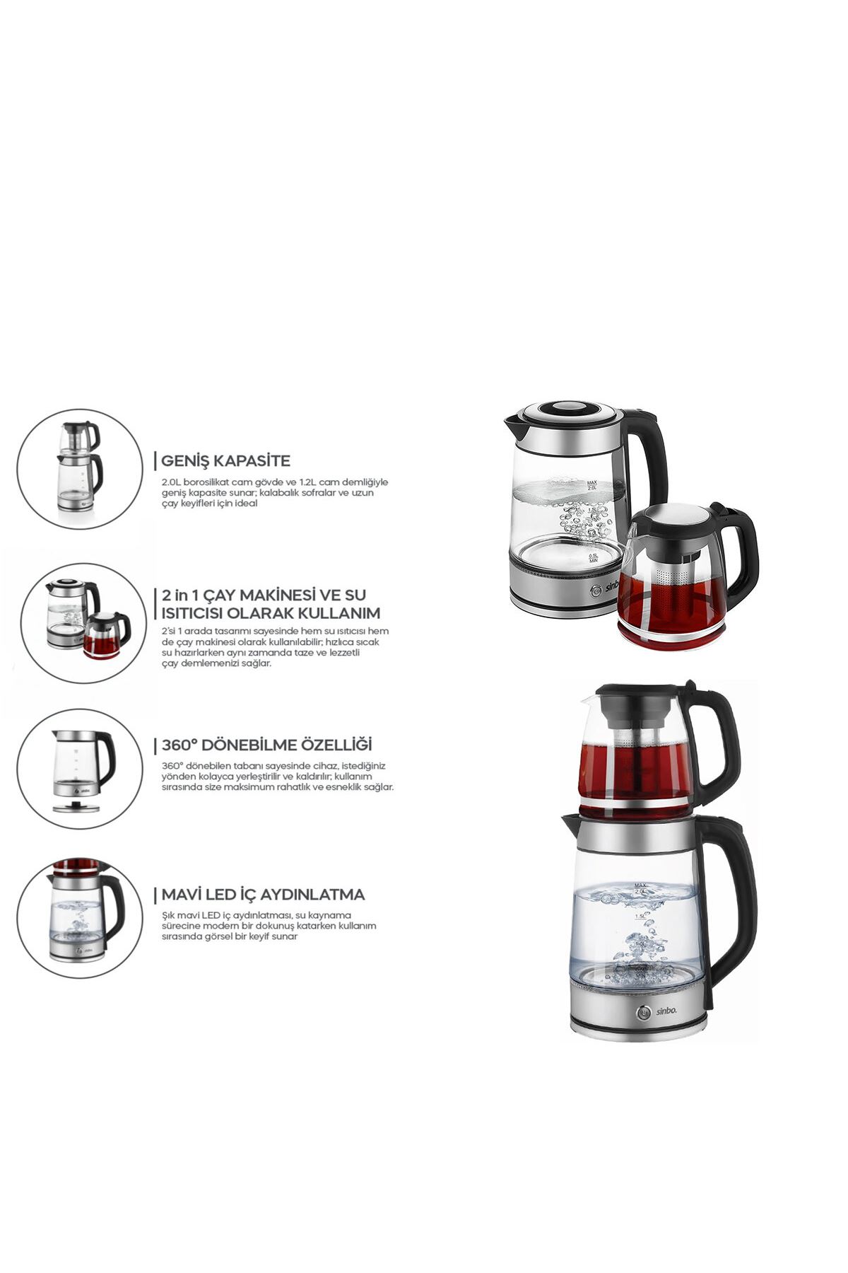 Sinbo 2'si 1 Arada Çaycı - Kettle - 2.0L + 1.2L Kapasite - Cam Gövde
