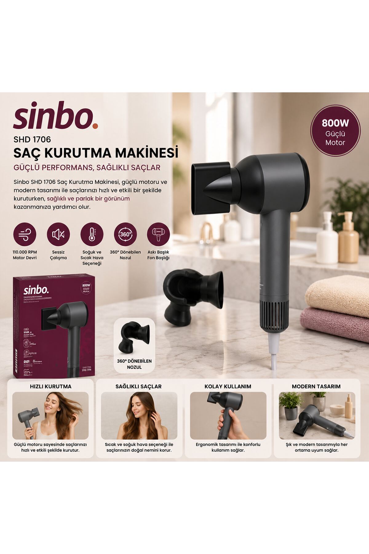 Sinbo Saç Kurutma Makinesi - Gri Renk - Sessiz Çalışma Özelliği