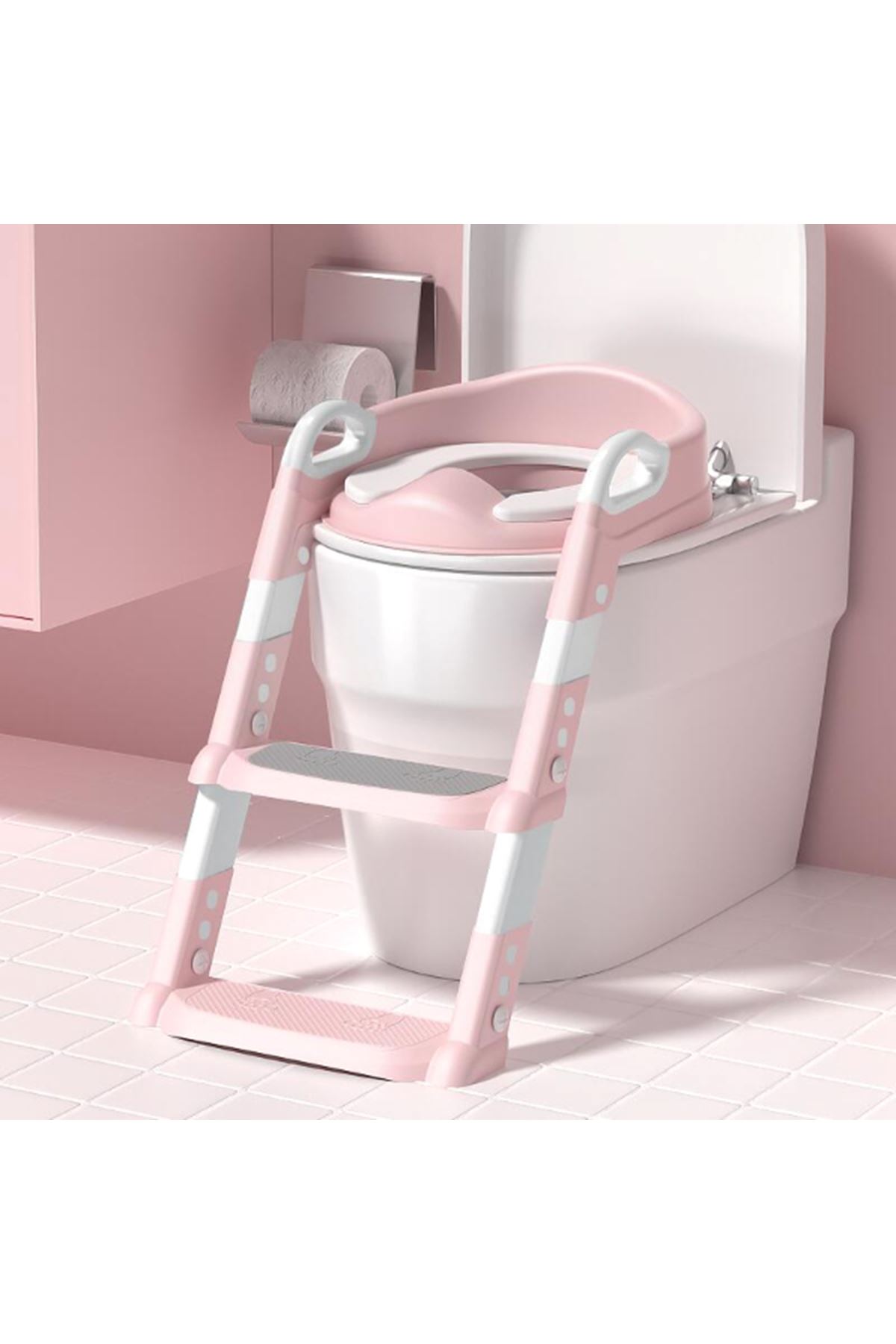 Pembe Merdivenli Çocuk Klozet Tuvalet Eğitimi Aparatı