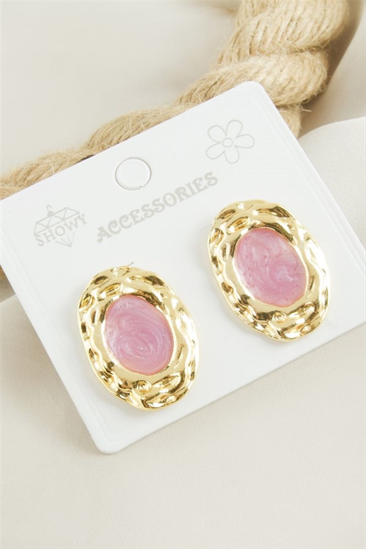 Oval Mineli Küpe - Pembe