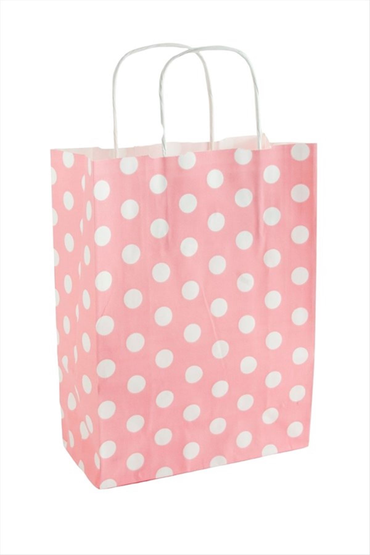 8*18*24 cm Benekli Büküm Saplı Kağıt Poşet 1 Adet - Pembe