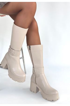 Moki Bej Cilt Topuklu Çizme