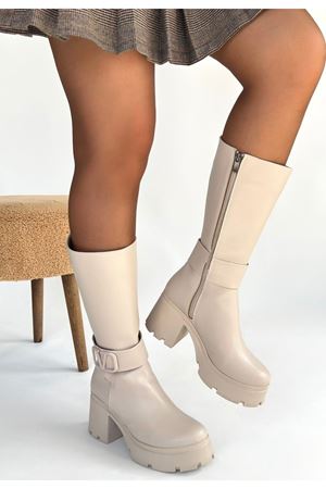 Moki Bej Cilt Topuklu Çizme