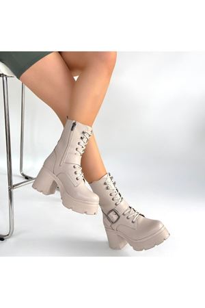 Linma Bej Cilt Bağcıklı Topuklu Bot