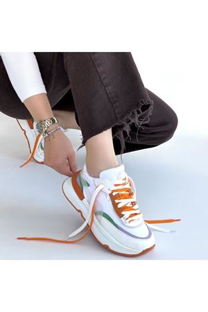 Aleh Beyaz Cilt Turuncu Detaylı Çift Bağcıklı Spor Ayakkabı