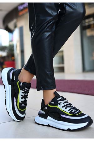 Aleh Siyah Cilt Lila Detaylı Spor Ayakkabı