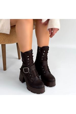 Linma Acı Kahve Cilt Bağcıklı Topuklu Bot