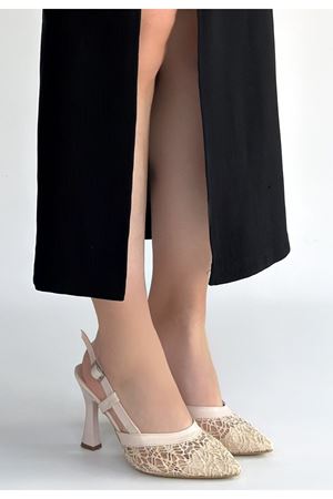 Ceta Bej Cilt Tül Detaylı Topuklu Ayakkabı