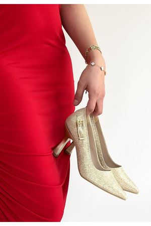 Cerin Gold Saten Simli Topuklu Ayakkabı