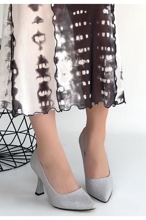 Meyli Gümüş Saten Simli Topuklu Ayakkabı