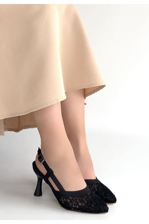 Ceta Siyah Cilt Tül Detaylı Topuklu Ayakkabı