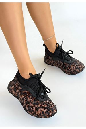 Rimay Kahverengi Leopar Boncuk İşlemeli Spor Ayakkabı