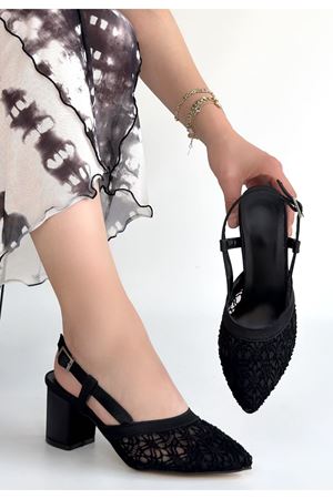 Poje Siyah Saten Tül Detaylı Topuklu Ayakkabı