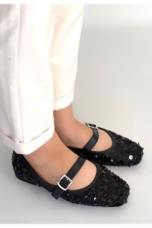 Zaty Siyah Süet Siyah Pullu Babet Ayakkabı