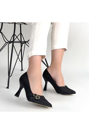 Wenda Siyah Simli Cilt Topuklu Ayakkabı