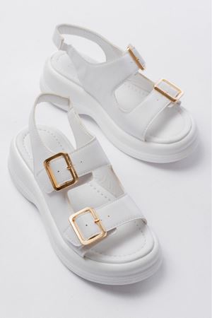 Kaji Beyaz Cilt Çift Tokalı Sandalet