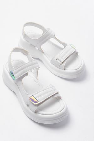 Ginya Beyaz Cilt Cırt Cırtlı Sandalet