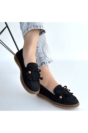 Boriy Siyah Deri Tozu Süet Babet Ayakkabı