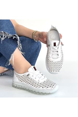 Otja Beyaz Deri Lazerli Bağcıklı Spor Ayakkabı