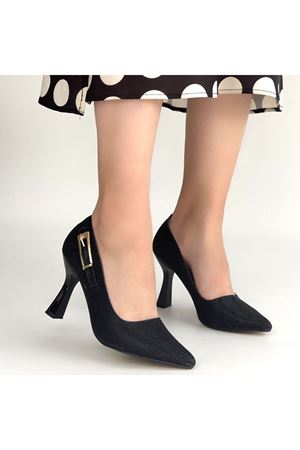 Cerin Siyah Saten Simli Topuklu Ayakkabı