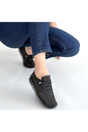 Otja Siyah Deri Lazerli Bağcıklı Spor Ayakkabı
