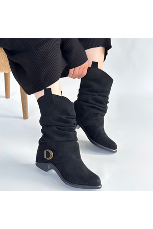 Canty Siyah Süet Körüklü Topuklu Çizme
