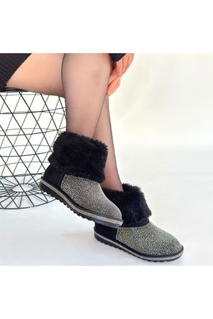 Linka Siyah Süet Gümüş Boncuk İşlemeli Bot