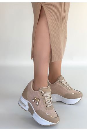 Wody Bej Cilt Simli Bağcıklı Spor Ayakkabı