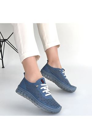 Otja Mavi Deri Lazerli Bağcıklı Spor Ayakkabı