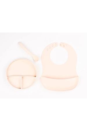 Krem Rengi 3’lü Silikon Yemek Seti – Önlük + Diş Kaşıyıcılı Kaşık + Vakumlu Tabak