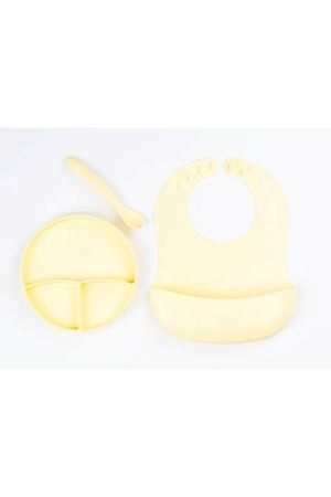 Sarı 3’lü Silikon Yemek Seti – Önlük + Diş Kaşıyıcılı Kaşık + Vakumlu Tabak