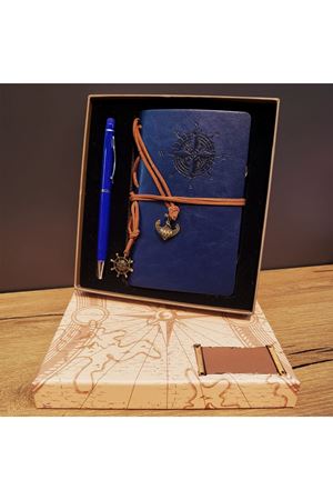 Lacivert Pusula Tasarım Deri Defter Ve Tükenmez Kalem Seti