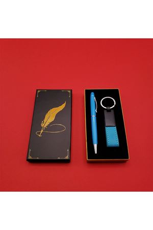 Mavi Metal Deri Anahtarlık ve Kalem Seti