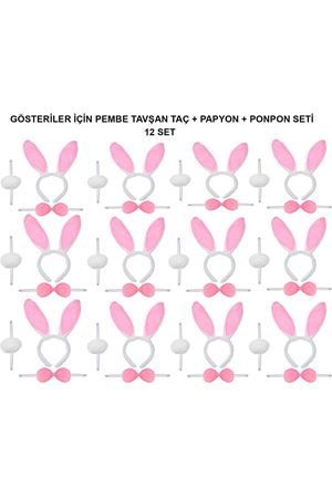 Pembe Tavşan Kostüm Seti – Taç, Papyon, Ponpon (12’li Paket)