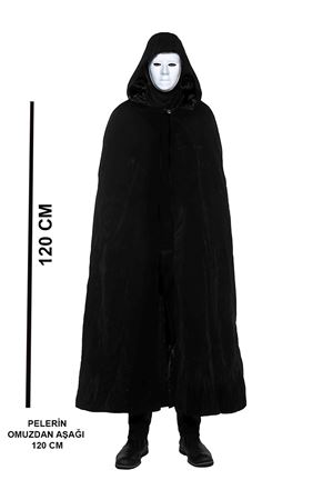Siyah Kapüşonlu 120 cm Pelerin ve Beyaz Boyanabilir Tam Yüz Maske