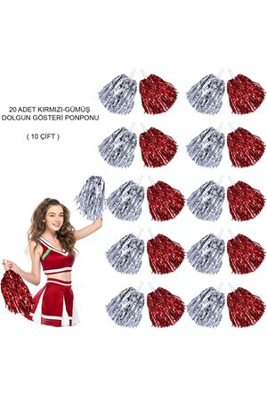 Kırmızı Gümüş Metalik Dolgun Gösteri Ponponu - 20 Adet (10 Çift)