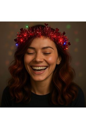 Kalp Püsküllü 3 Modlu LED Işıklı Taç Kırmızı Renk