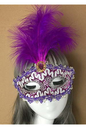 Mor Dantel İşlemeli Mor Tüylü Balo Parti Maskesi