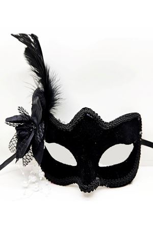 Siyah Süet Yandan Tüylü İncili Parti Maskesi