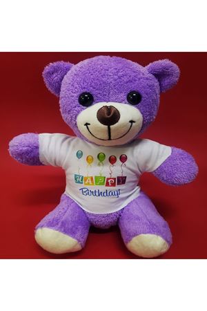 Happy Birthday Tişörtlü Peluş Mor Ayıcık