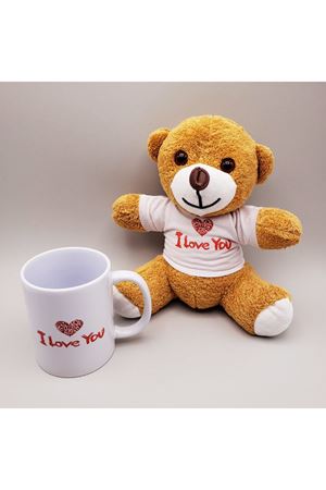 Kahverengi I Love You Tişörtlü Ayıcık ve Baskılı Kupa Seti