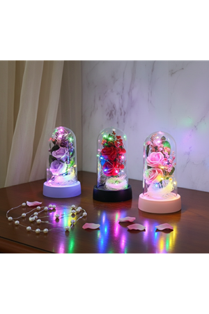 Işıklı Müzikli Romantik Fanus Tekli Gül