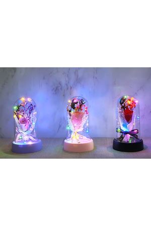 LED Işıklı Müzikli Cam Fanus İçinde Gül Buketi