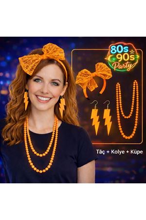 80’ler 90’lar Neon Turuncu Parti Seti – Kolye Küpe Taç