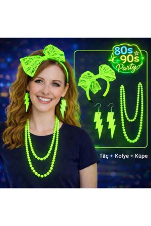 80’ler 90’lar Neon Yeşil Parti Seti – Kolye Küpe Taç