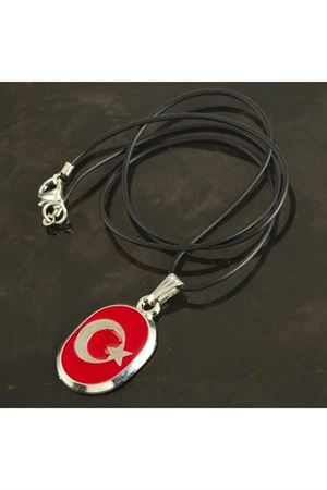 Ay Yıldız Metal Vinlex Deri Kolye - Kırmızı