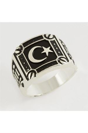 Ay Yıldız Metal Erkek Yüzük - Gümüş Rengi