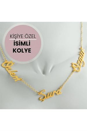 Kişiye Özel Üç İsim Yazılı Kolye - Sarı